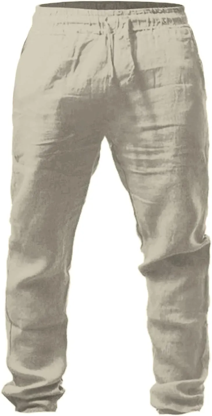Mens Elastic Pants Loose Beach Yoga Pants with Pockets Drawstring Sweatpants Solid Color Breathable Casual Pants