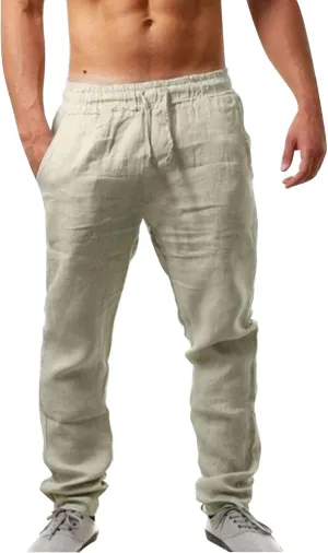 Mens Elastic Pants Loose Beach Yoga Pants with Pockets Drawstring Sweatpants Solid Color Breathable Casual Pants