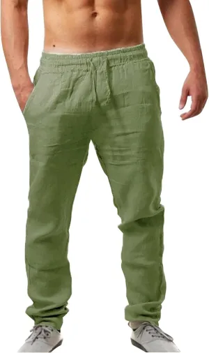 Men's Linen Beach Pants Lightweight Breathable Sport Yoga Pants Workout Joggers Outdoor Hiking Trousers