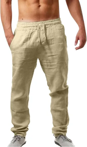Men's Linen Beach Pants Lightweight Breathable Sport Yoga Pants Workout Joggers Outdoor Hiking Trousers