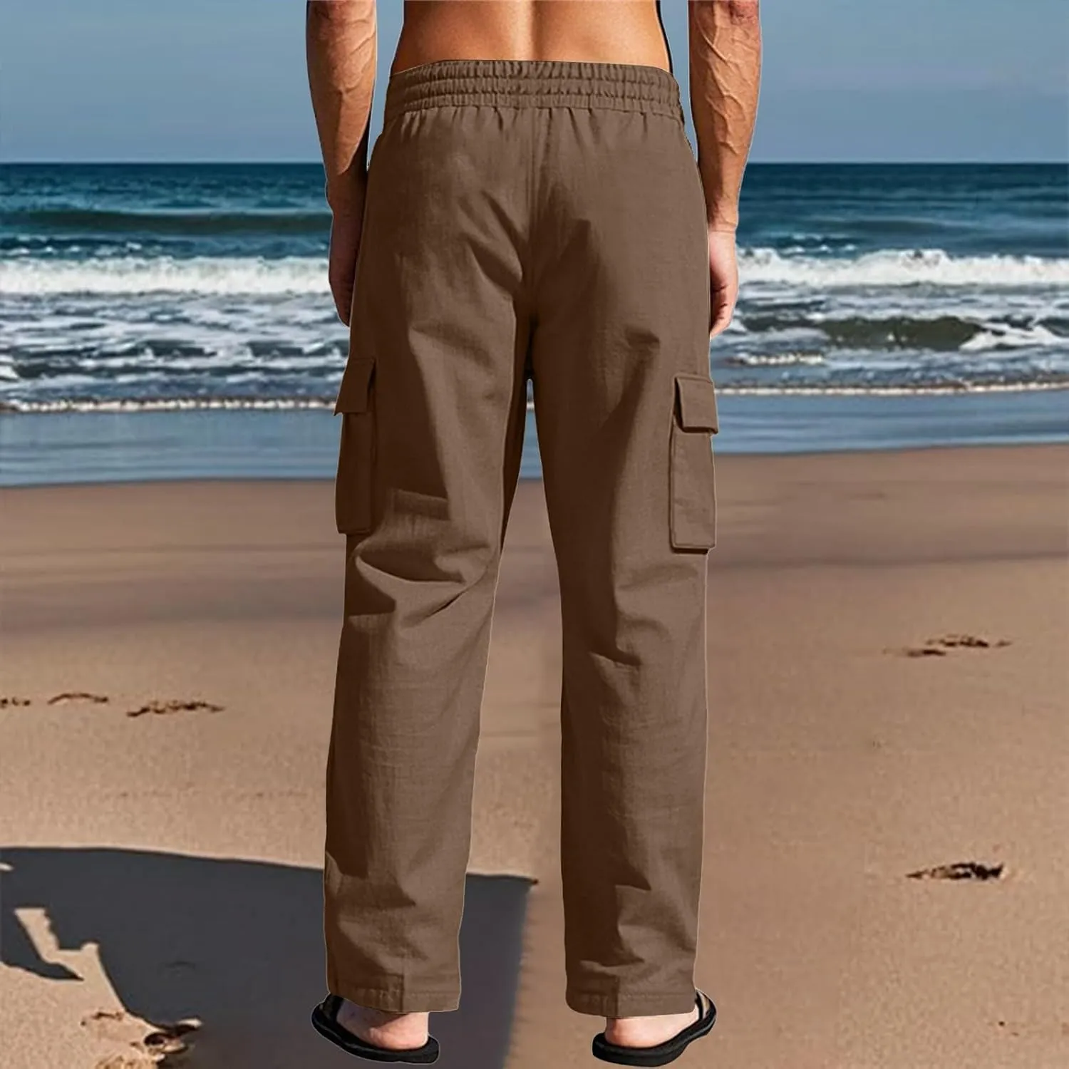 Men's Linen Breathable Cargo Multi-Pocket Loose Casual Wide Leg Pants