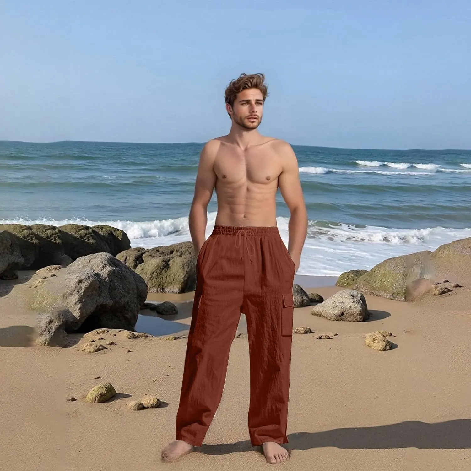 Men's Linen Breathable Cargo Multi-Pocket Loose Casual Wide Leg Pants