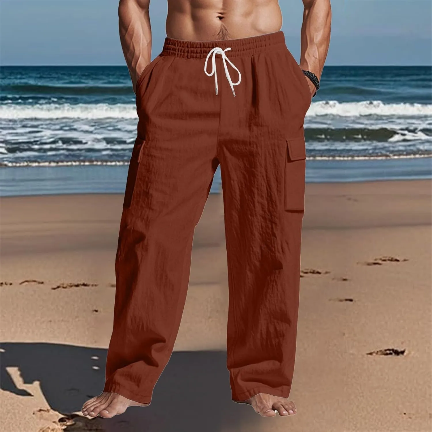 Men's Linen Breathable Cargo Multi-Pocket Loose Casual Wide Leg Pants