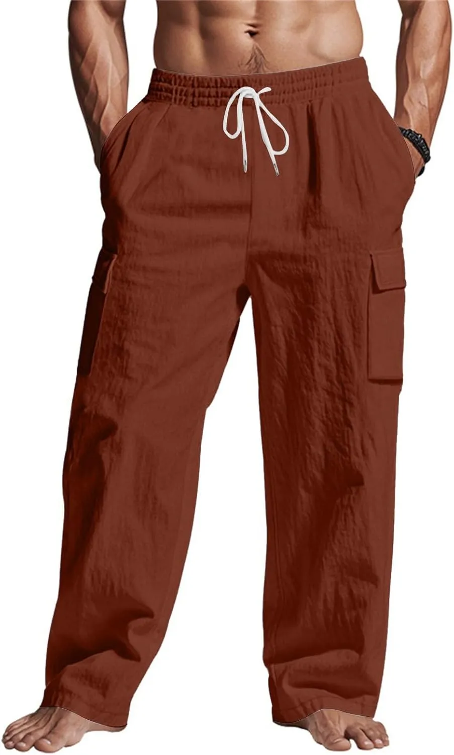 Men's Linen Breathable Cargo Multi-Pocket Loose Casual Wide Leg Pants