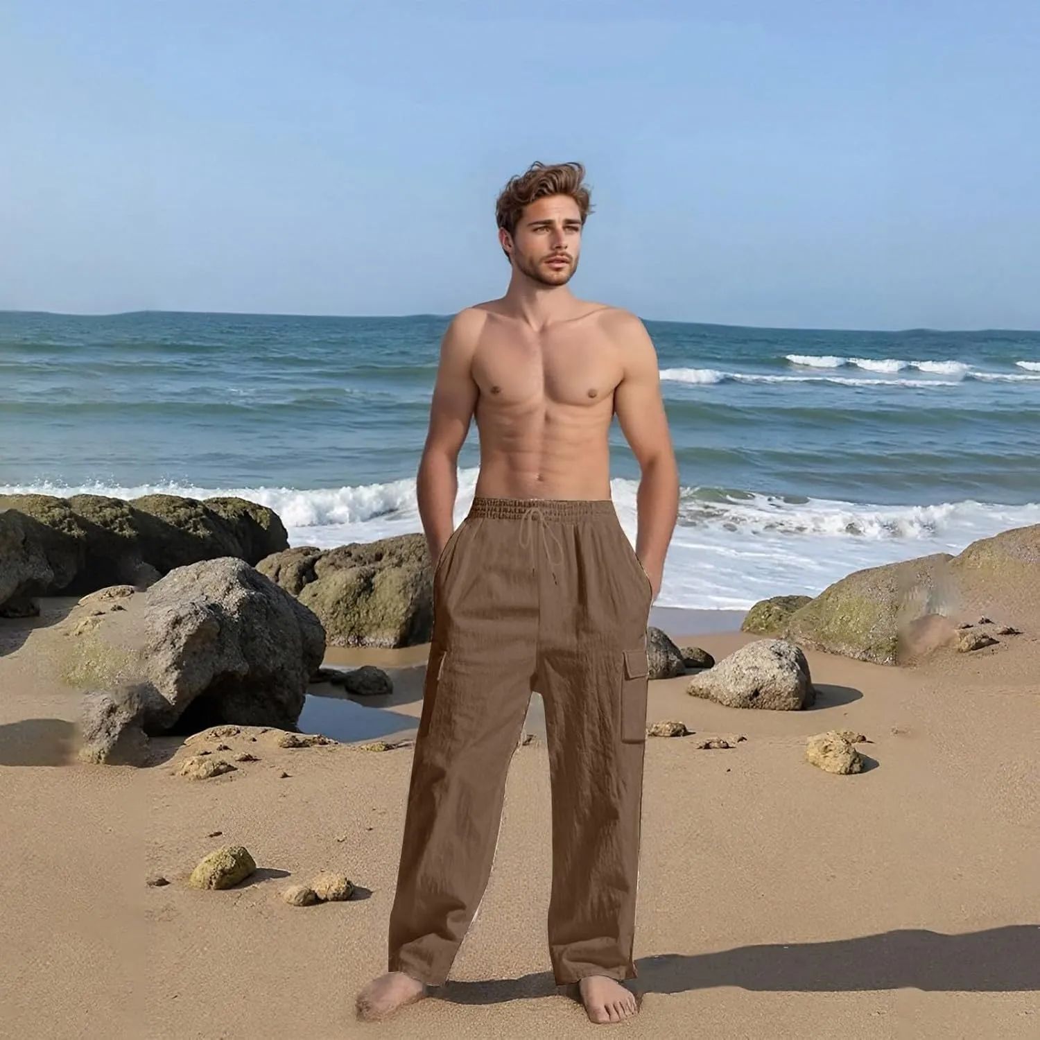 Men's Linen Breathable Cargo Multi-Pocket Loose Casual Wide Leg Pants