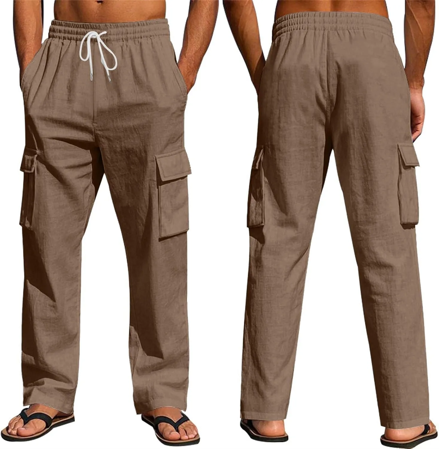 Men's Linen Breathable Cargo Multi-Pocket Loose Casual Wide Leg Pants