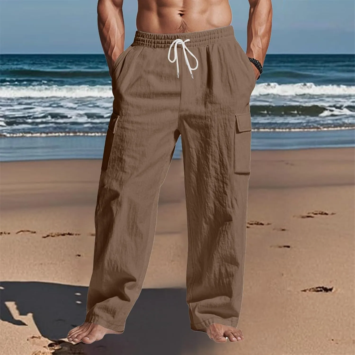 Men's Linen Breathable Cargo Multi-Pocket Loose Casual Wide Leg Pants