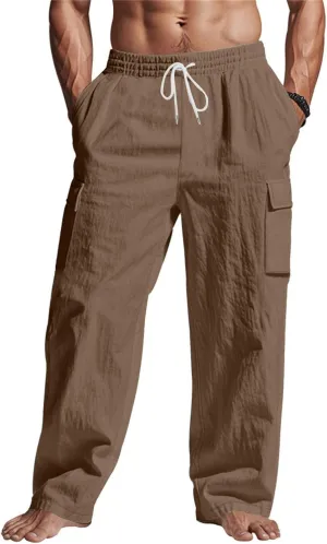 Men's Linen Breathable Cargo Multi-Pocket Loose Casual Wide Leg Pants
