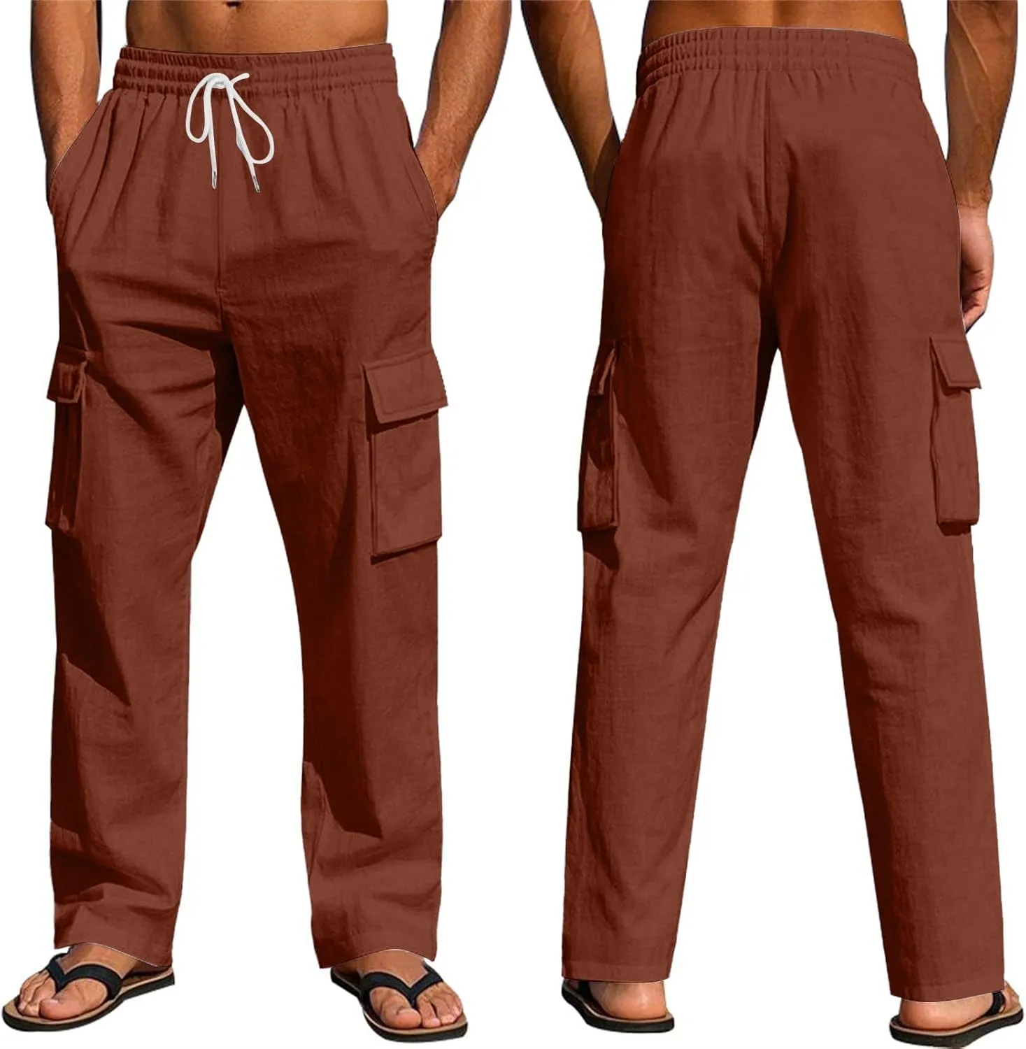 Men's Linen Breathable Cargo Multi-Pocket Loose Casual Wide Leg Pants