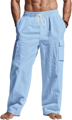 Men's Linen Four Seasons Thin Breathable Cargo Multi-Pocket Loose Casual Wide Leg Pants 2025
