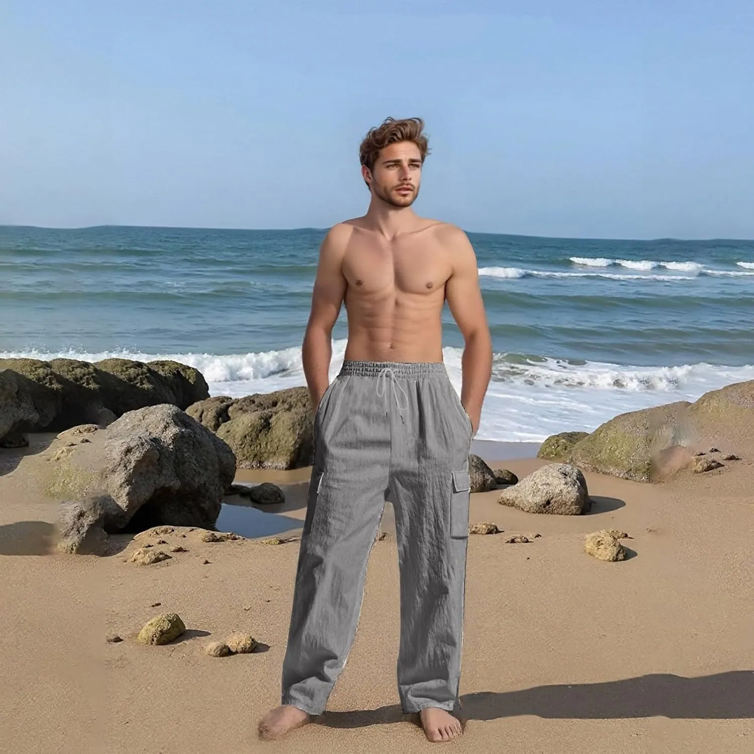 Men's Linen Four Seasons Thin Breathable Cargo Multi-Pocket Loose Casual Wide Leg Pants 2025