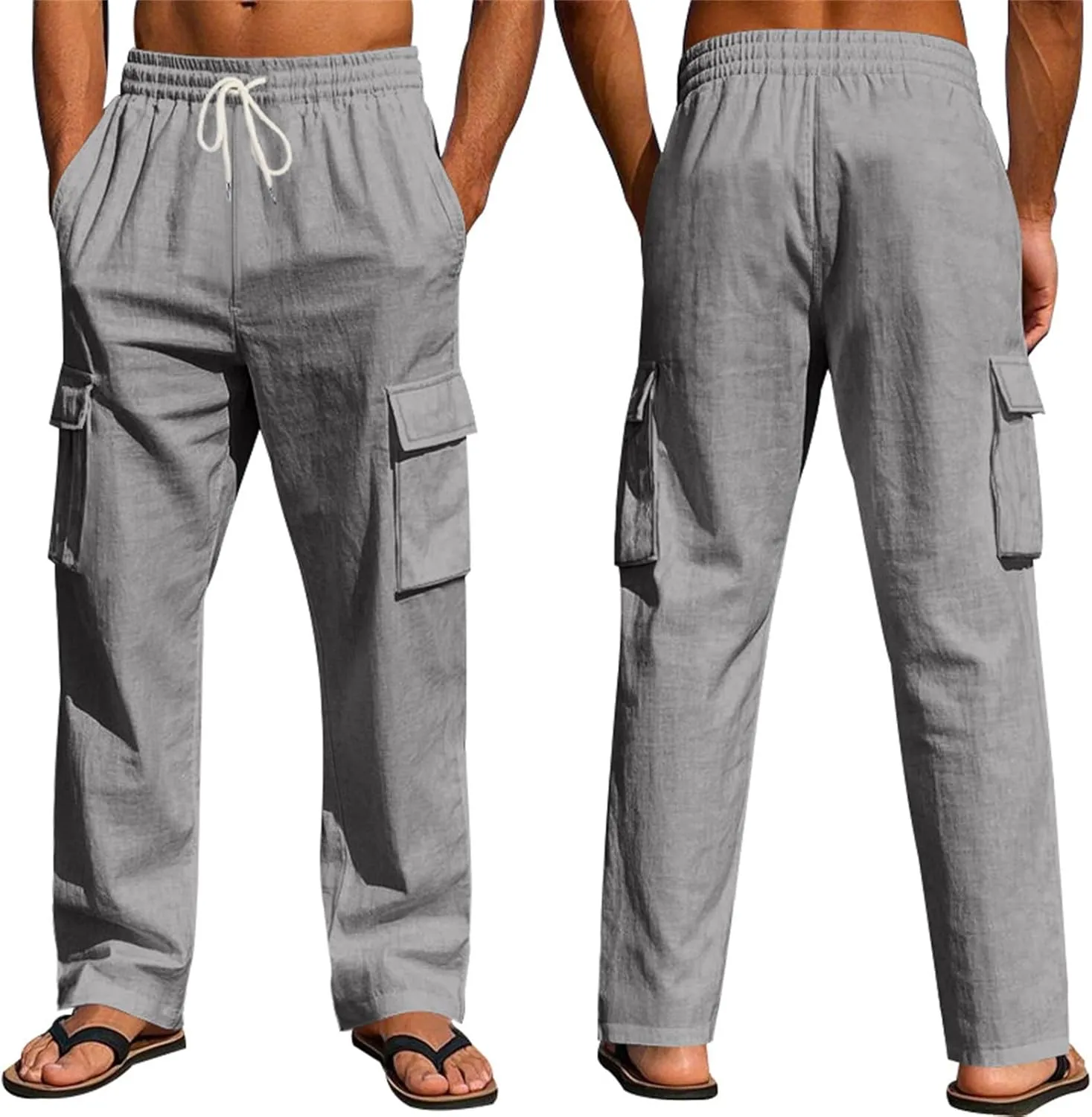 Men's Linen Four Seasons Thin Breathable Cargo Multi-Pocket Loose Casual Wide Leg Pants 2025