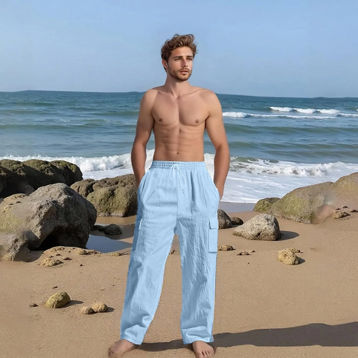 Men's Linen Four Seasons Thin Breathable Cargo Multi-Pocket Loose Casual Wide Leg Pants 2025