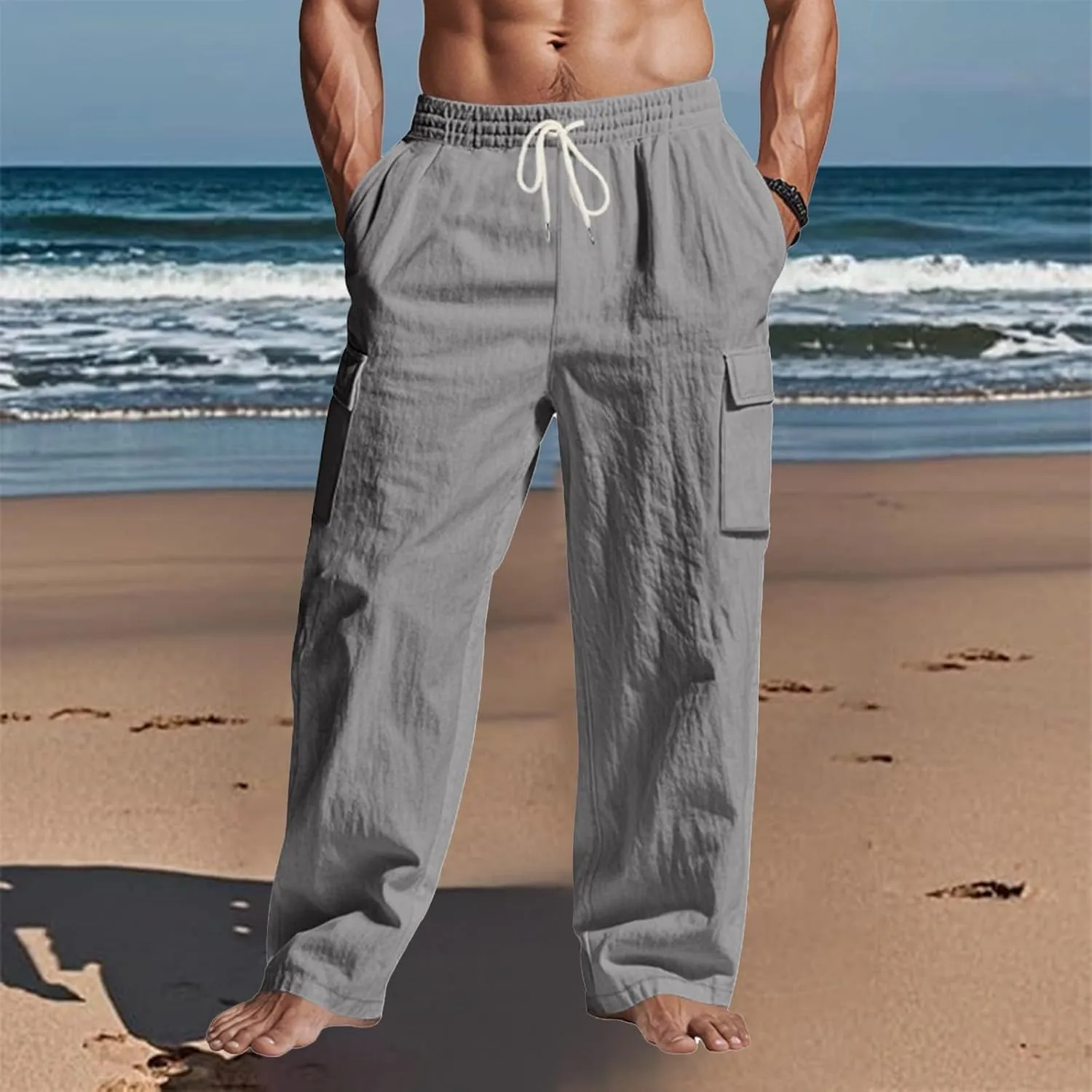Men's Linen Four Seasons Thin Breathable Cargo Multi-Pocket Loose Casual Wide Leg Pants 2025
