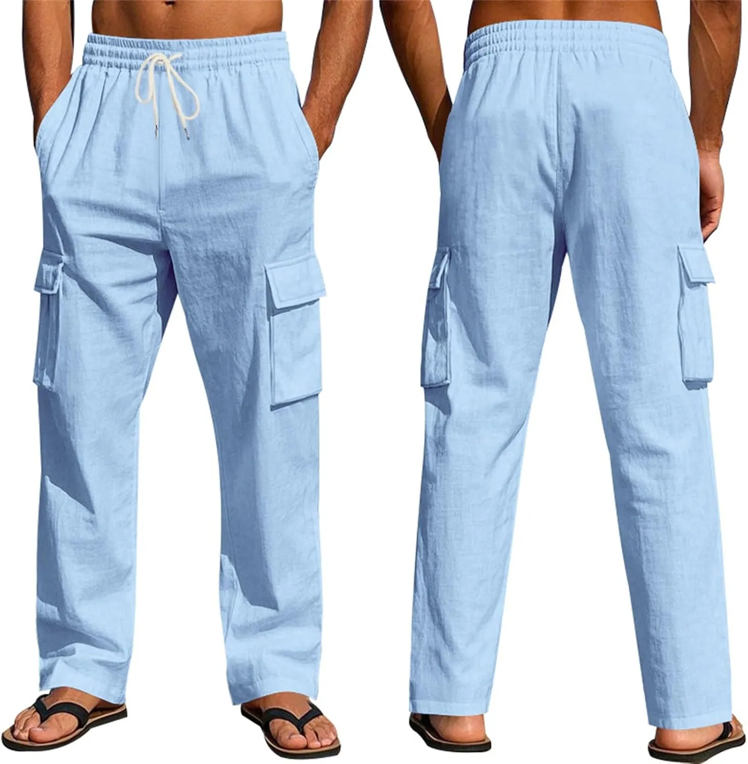 Men's Linen Four Seasons Thin Breathable Cargo Multi-Pocket Loose Casual Wide Leg Pants 2025
