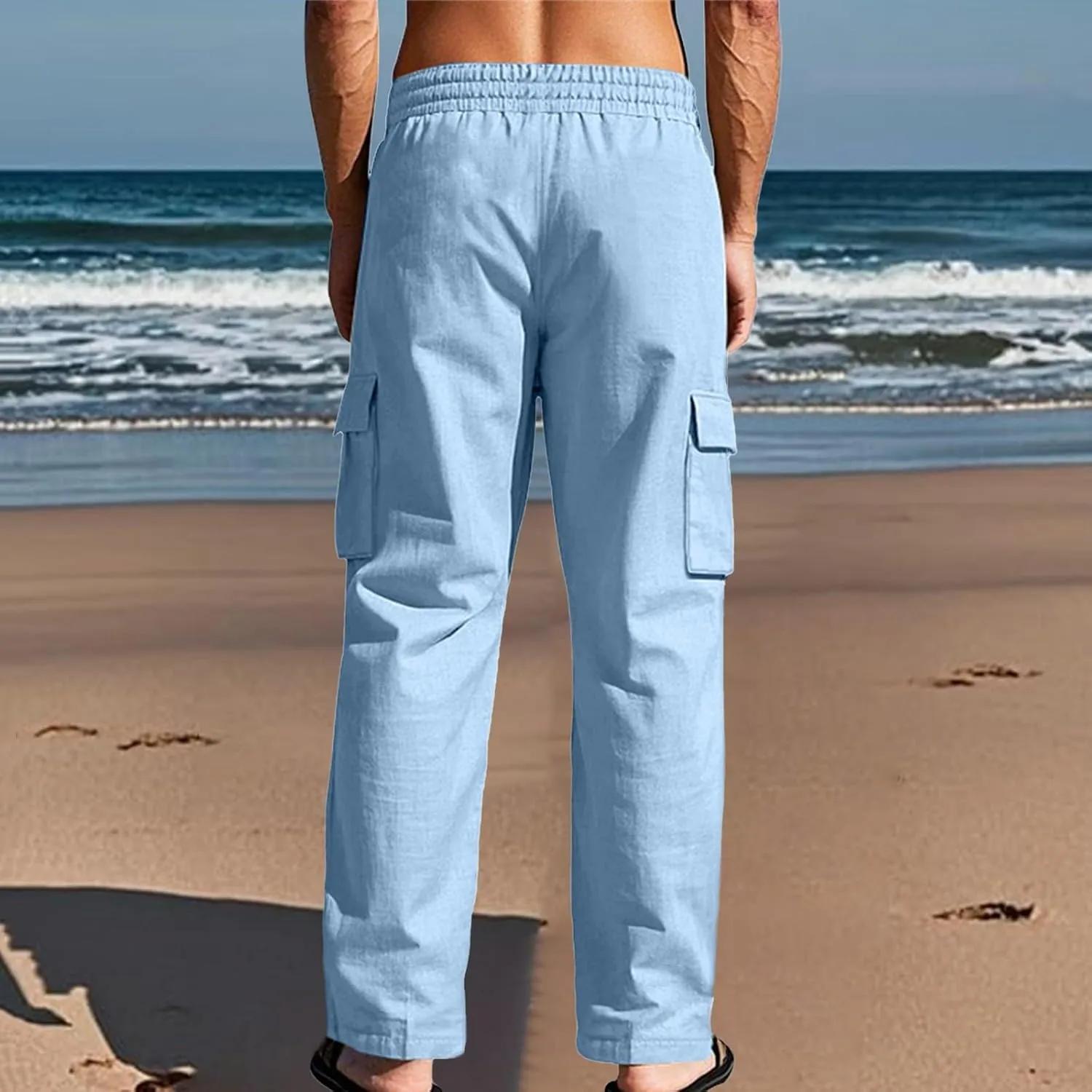 Men's Linen Four Seasons Thin Breathable Cargo Multi-Pocket Loose Casual Wide Leg Pants 2025