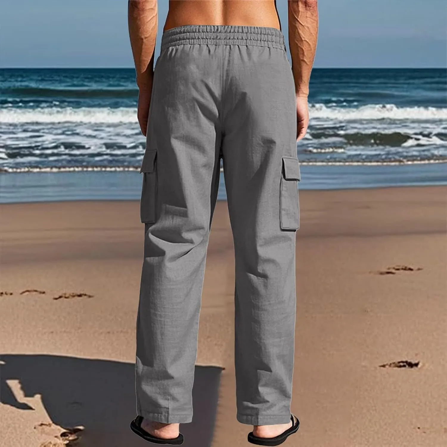 Men's Linen Four Seasons Thin Breathable Cargo Multi-Pocket Loose Casual Wide Leg Pants 2025