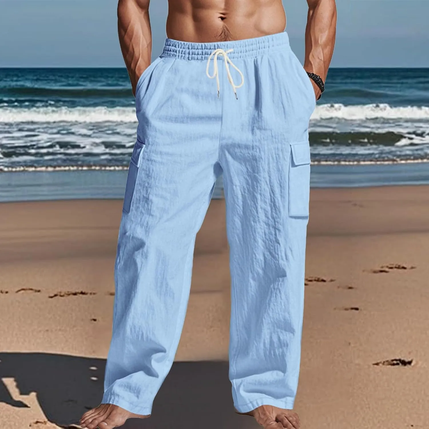 Men's Linen Four Seasons Thin Breathable Cargo Multi-Pocket Loose Casual Wide Leg Pants 2025