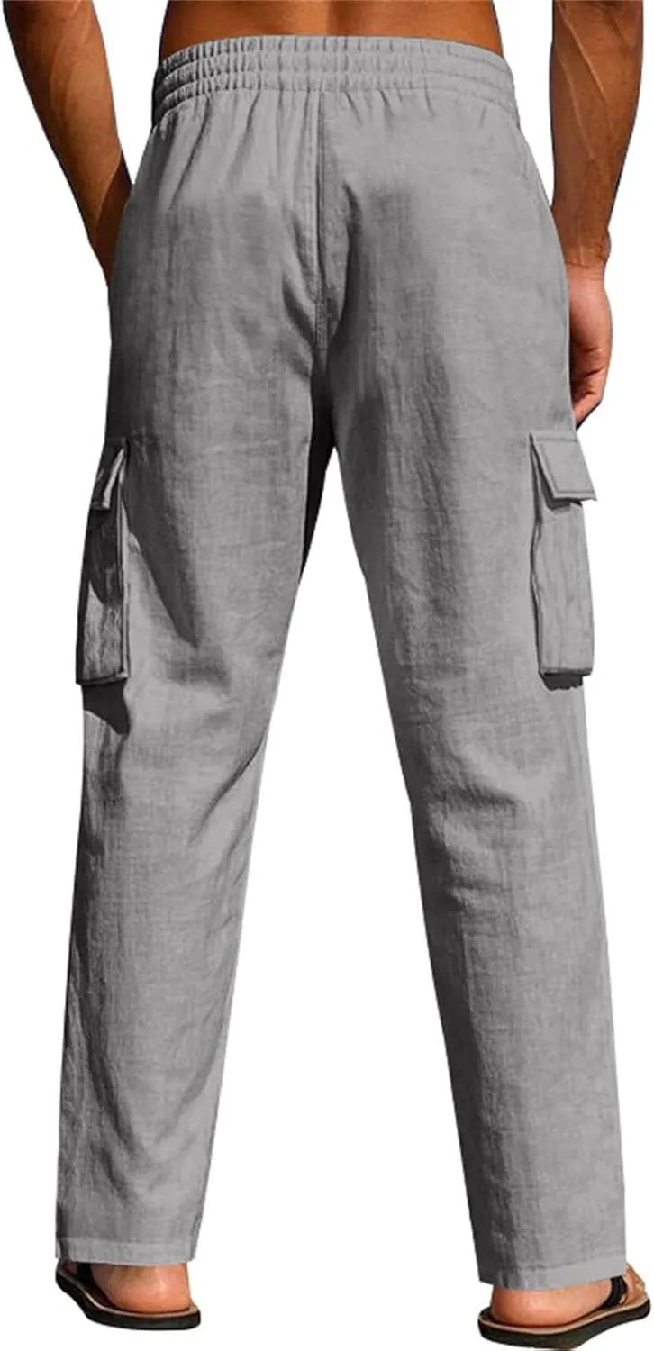 Men's Linen Four Seasons Thin Breathable Cargo Multi-Pocket Loose Casual Wide Leg Pants 2025