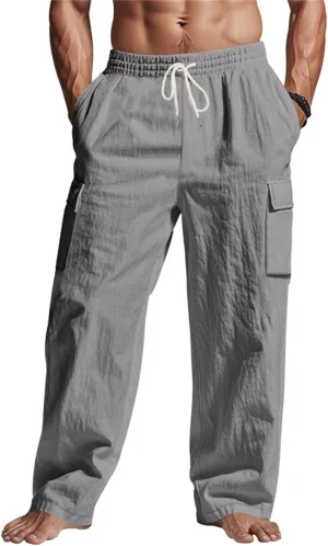 Men's Linen Four Seasons Thin Breathable Cargo Multi-Pocket Loose Casual Wide Leg Pants 2025
