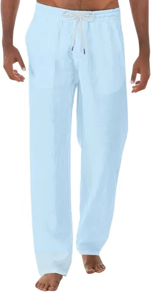 Mens Linen Pants Loose Fit Lightweight Sweatpants Casual Wide Leg Breathable Drawstring Waist Summer Beach Trousers