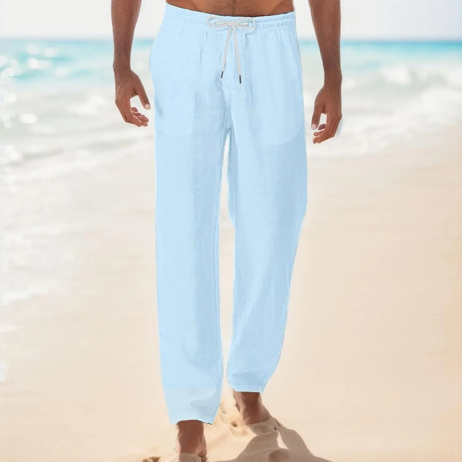 Mens Linen Pants Loose Fit Lightweight Sweatpants Casual Wide Leg Breathable Drawstring Waist Summer Beach Trousers
