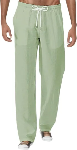 Mens Linen Pants Loose Fit Lightweight Sweatpants Casual Wide Leg Breathable Drawstring Waist Summer Beach Trousers
