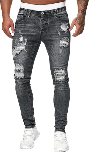 Mens Slim Fit Jeans Stretch Destroyed Ripped Skinny Jeans Big and Tall Denim Pencil Pants Fashion Trousers for Men