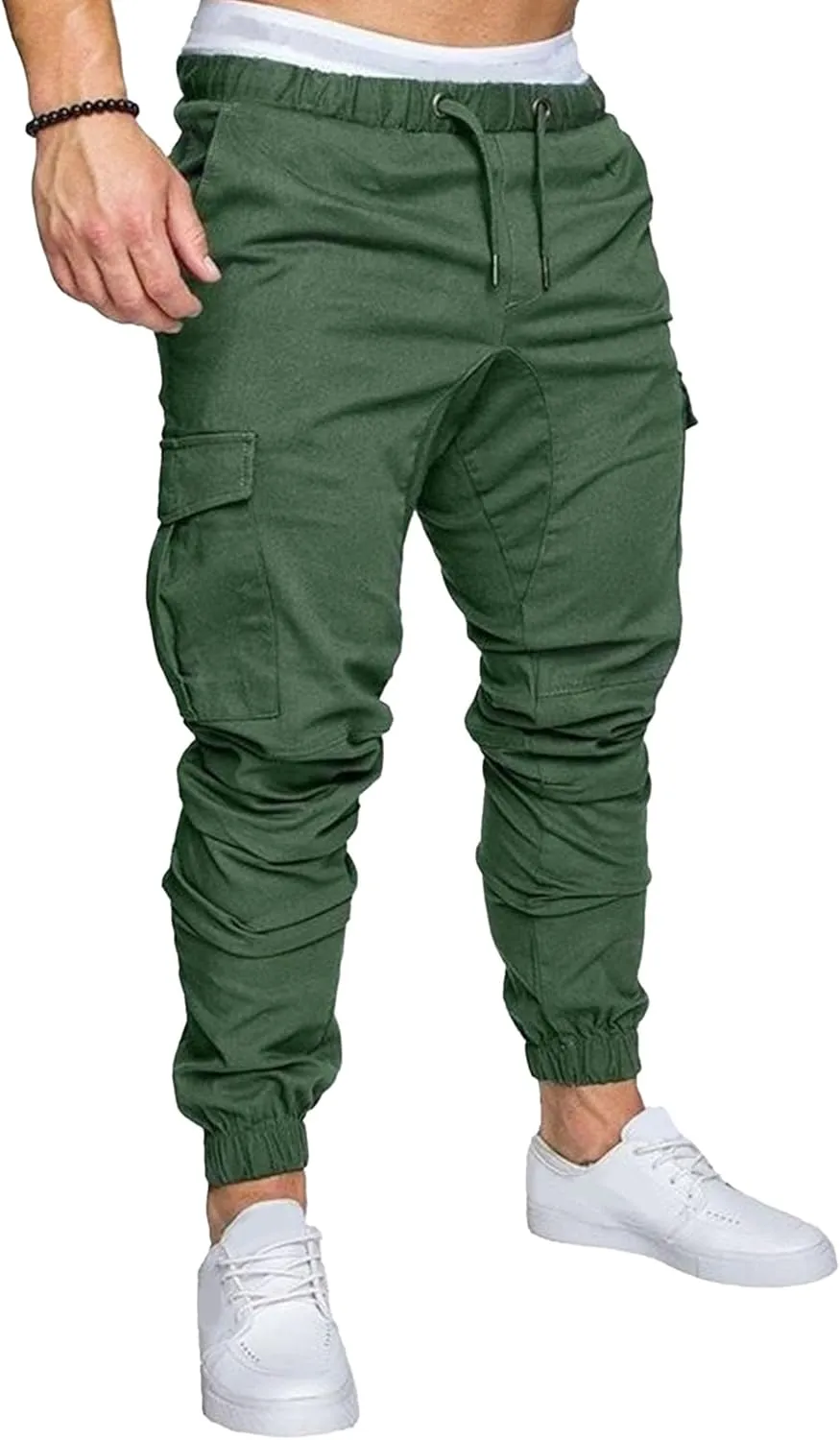 Men's Stretch Solid Military Cargo Pants Stylish Elastic Waisted Outdoor Pants Casual Chino Joggers Trousers