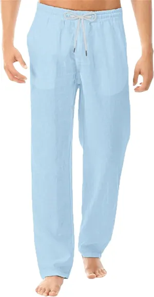 Men's Stylish Cotton Linen Casual Pants Straight Leg Basic Yoga Trousers Drawstring Elastic Waist Solid Hiking Pants