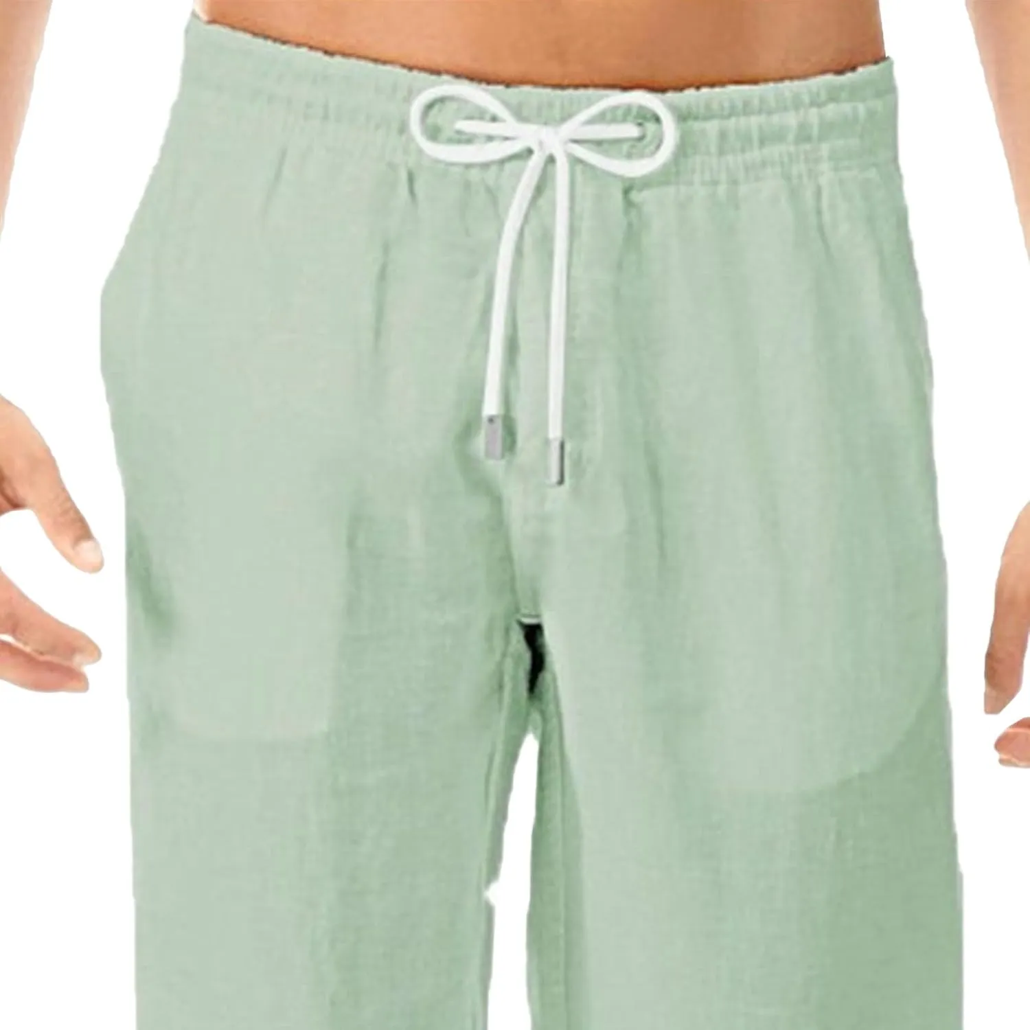 Men's Stylish Cotton Linen Casual Pants Straight Leg Basic Yoga Trousers Drawstring Elastic Waist Solid Hiking Pants