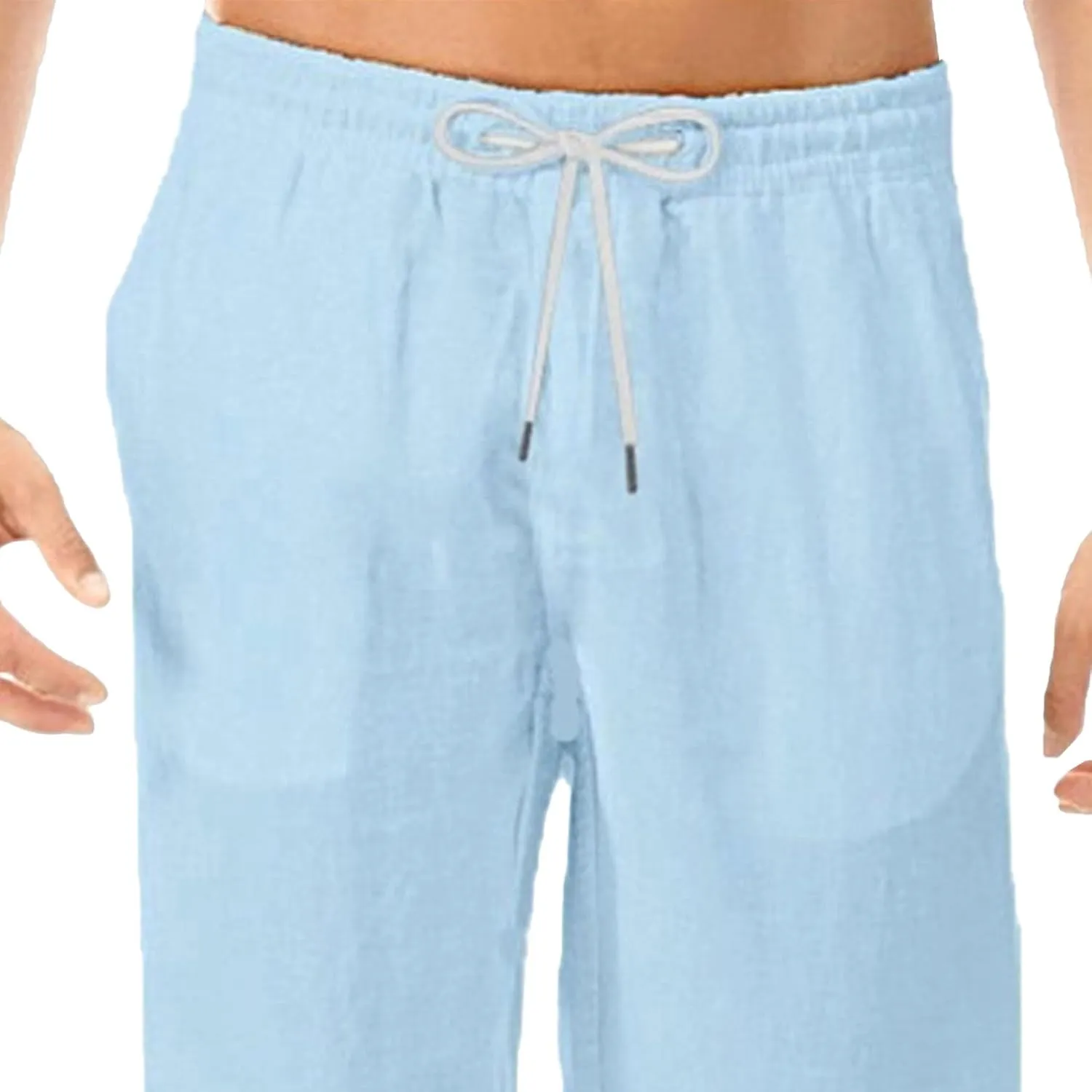 Men's Stylish Cotton Linen Casual Pants Straight Leg Basic Yoga Trousers Drawstring Elastic Waist Solid Hiking Pants