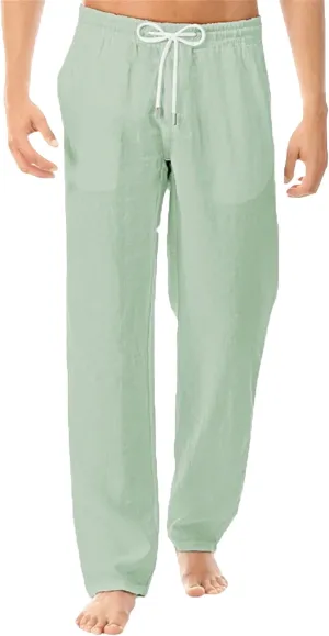 Men's Stylish Cotton Linen Casual Pants Straight Leg Basic Yoga Trousers Drawstring Elastic Waist Solid Hiking Pants
