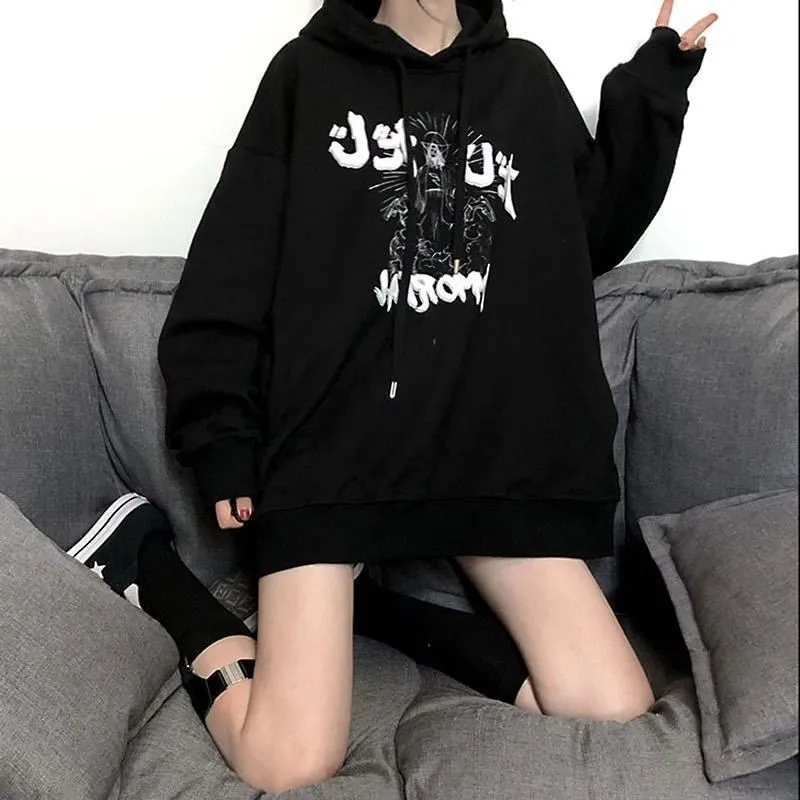 METAVERSMALL Dark wind black sweater women's spring autumn and winter new Korean version loose bf Harajuku thin hooded jacket top tide