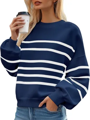 MsavigVice Women's Striped Sweatshirts with Pockets Color Block Long Sleeves Crew Neck Pullover Casual Loose Stylish Tops
