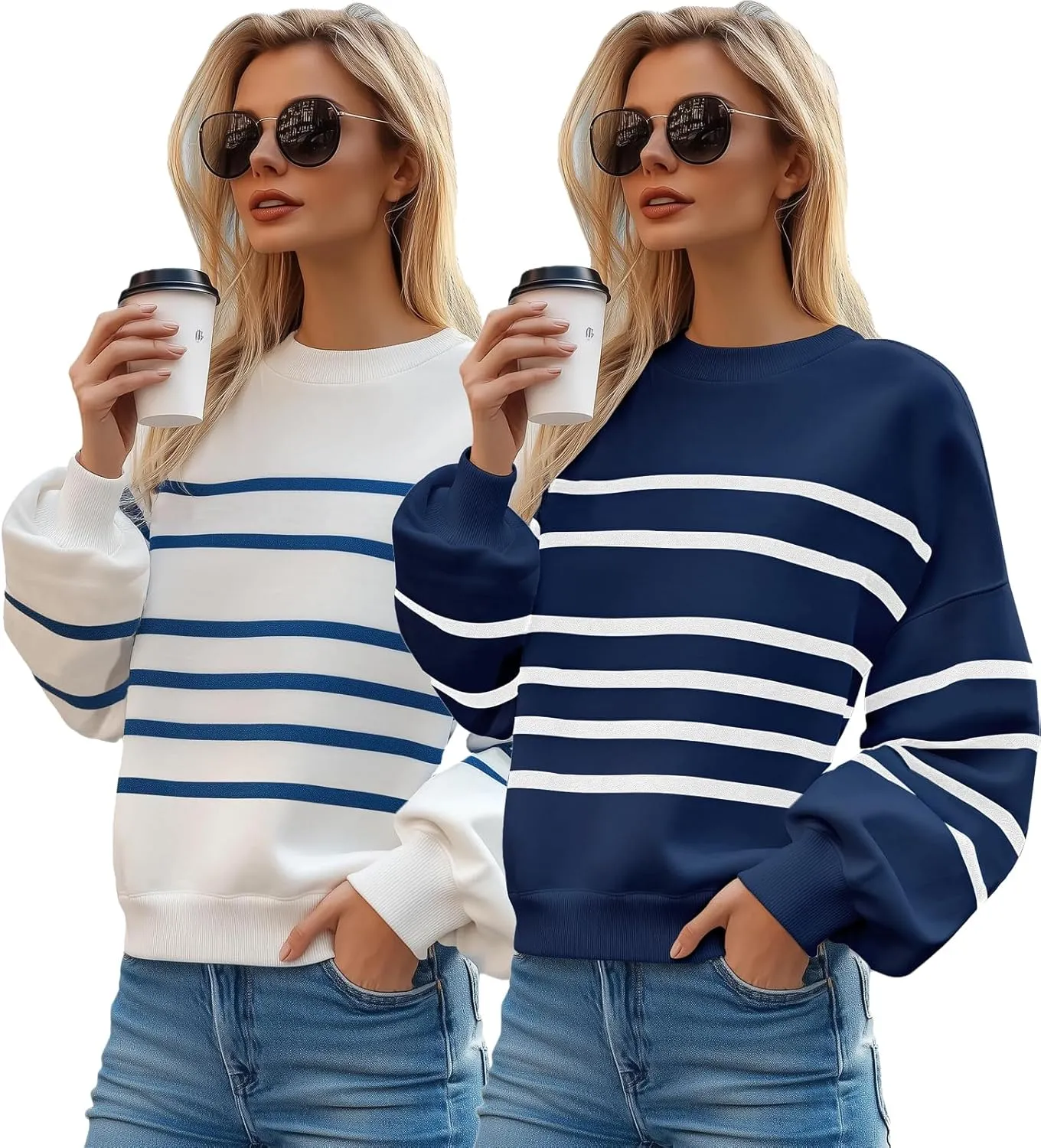 MsavigVice Women's Striped Sweatshirts with Pockets Color Block Long Sleeves Crew Neck Pullover Casual Loose Stylish Tops