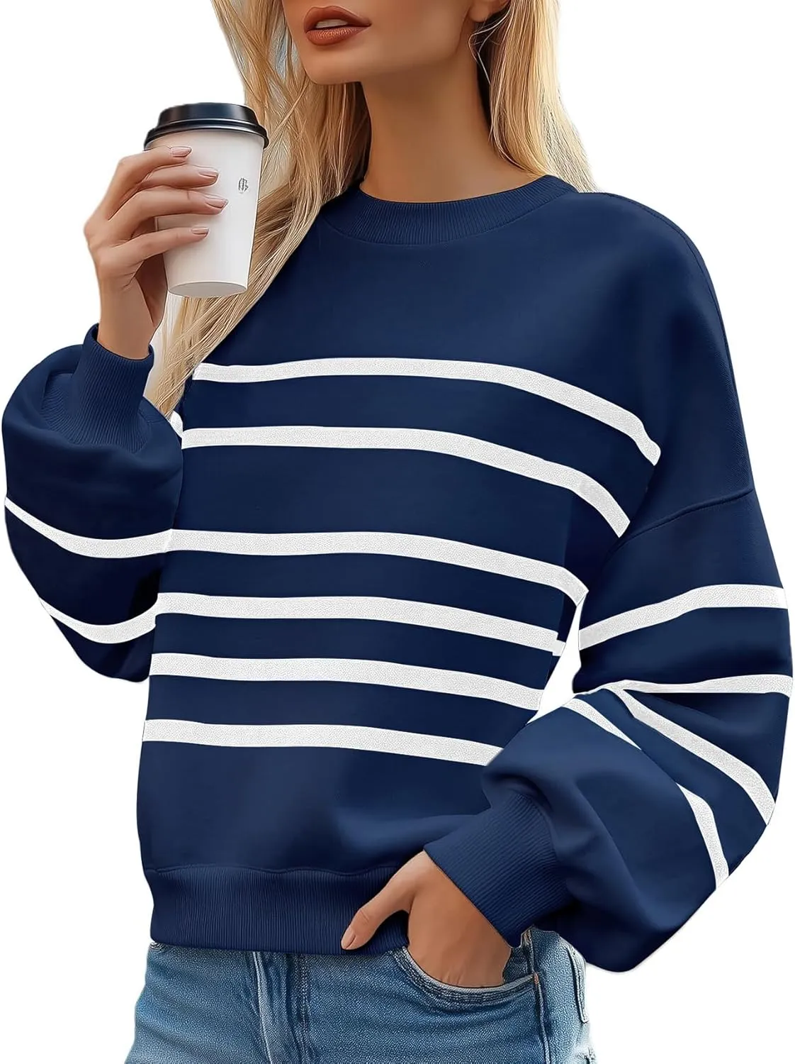 MsavigVice Women's Striped Sweatshirts with Pockets Color Block Long Sleeves Crew Neck Pullover Casual Loose Stylish Tops