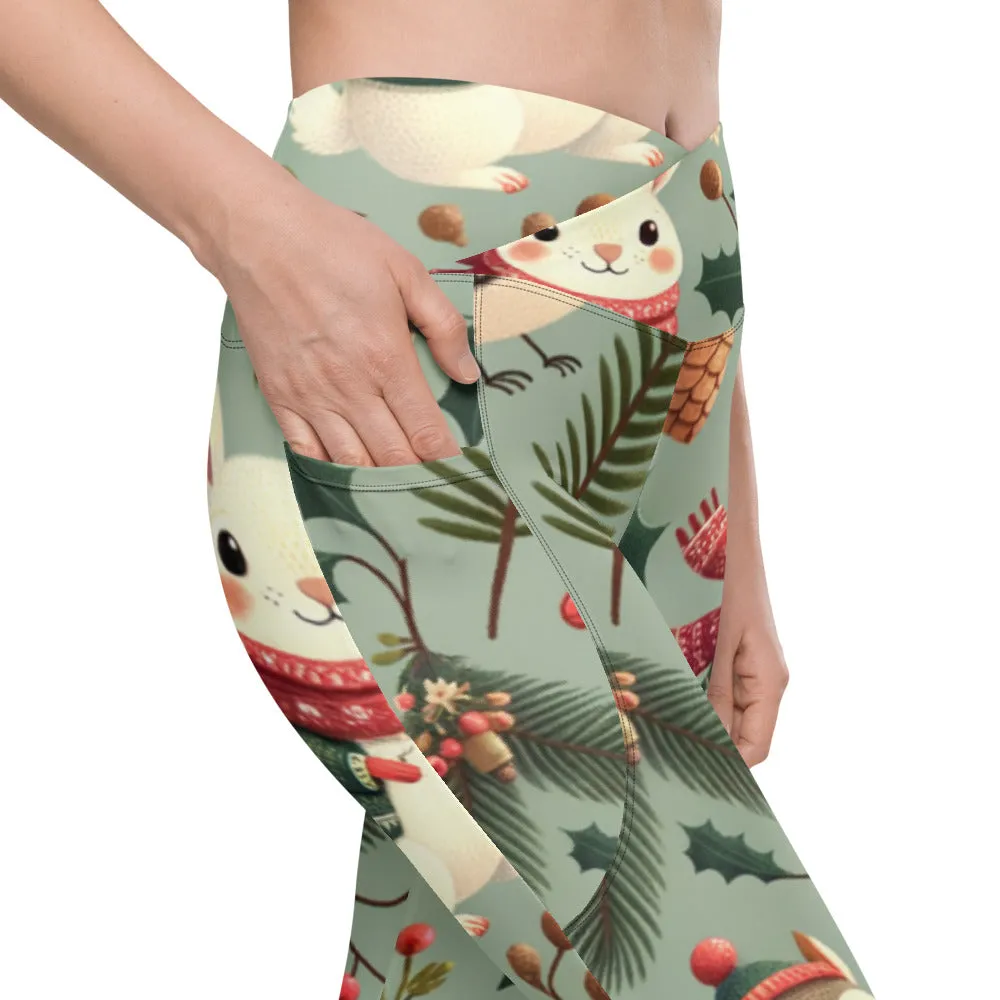 Whimsical Winter Wear Crossover Leggings with Pockets