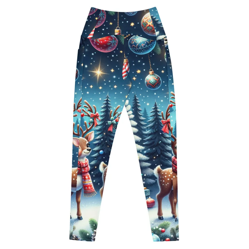 Whimsical Winter Wear Crossover Leggings with Pockets