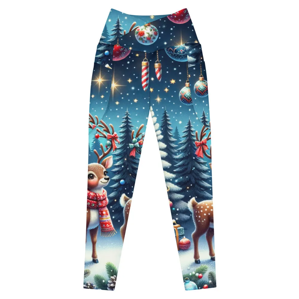 Whimsical Winter Wear Crossover Leggings with Pockets