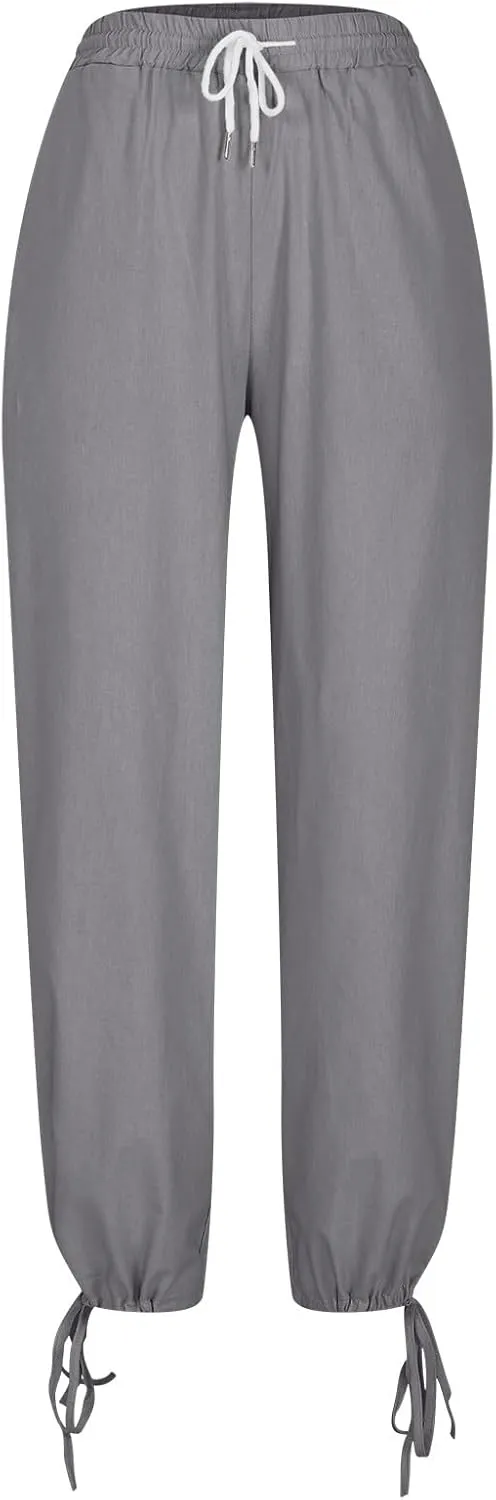Women Cotton Linen Drawstring Joggers, Summer Outdoor Running Workout Casual Pants Comfy Breathable Pockets Trousers