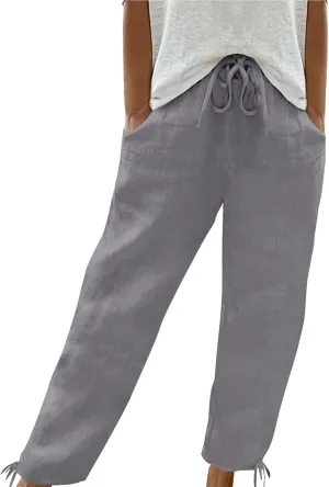 Women Cotton Linen Drawstring Joggers, Summer Outdoor Running Workout Casual Pants Comfy Breathable Pockets Trousers