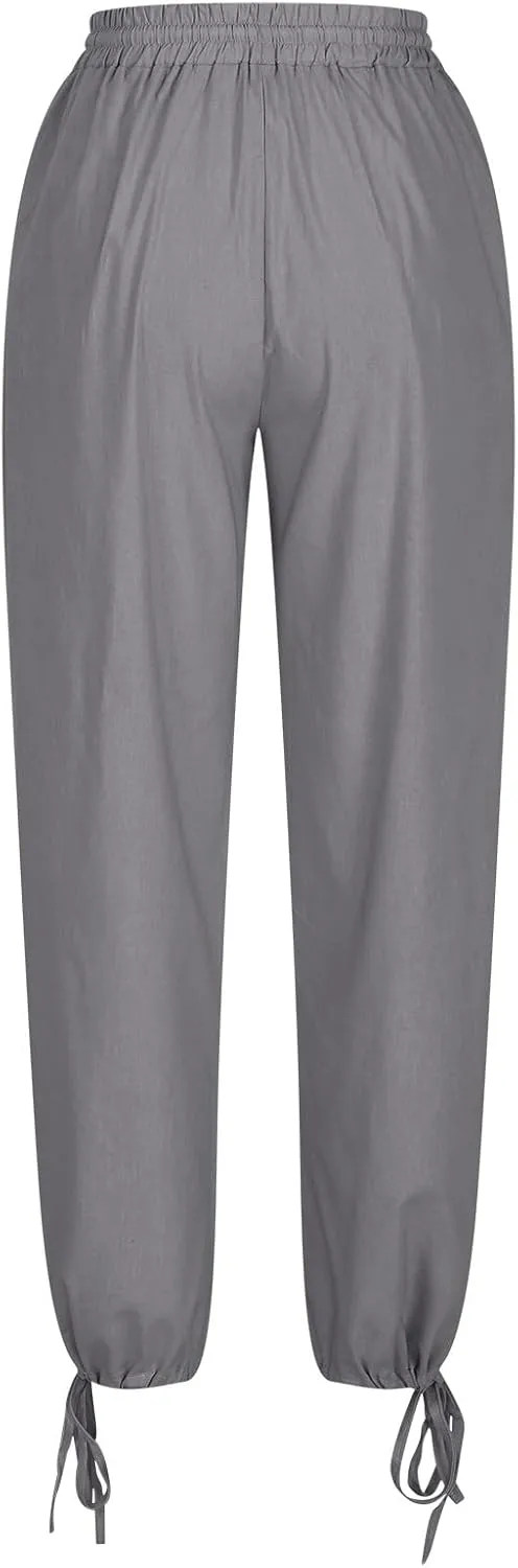 Women Cotton Linen Drawstring Joggers, Summer Outdoor Running Workout Casual Pants Comfy Breathable Pockets Trousers