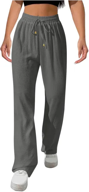 Women Cotton Linen Pant, Summer Loose Breathable Business Work Casual Clothes Elastic Waist Drawstring Pockets Trousers