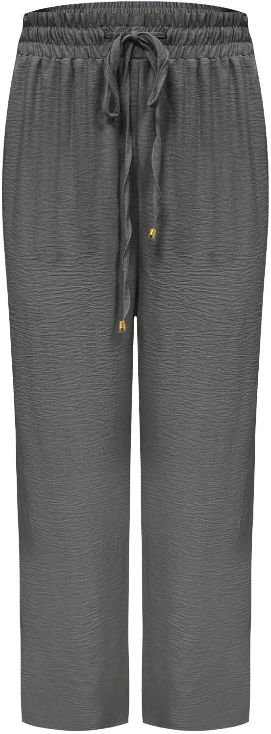 Women Cotton Linen Pant, Summer Loose Breathable Business Work Casual Clothes Elastic Waist Drawstring Pockets Trousers
