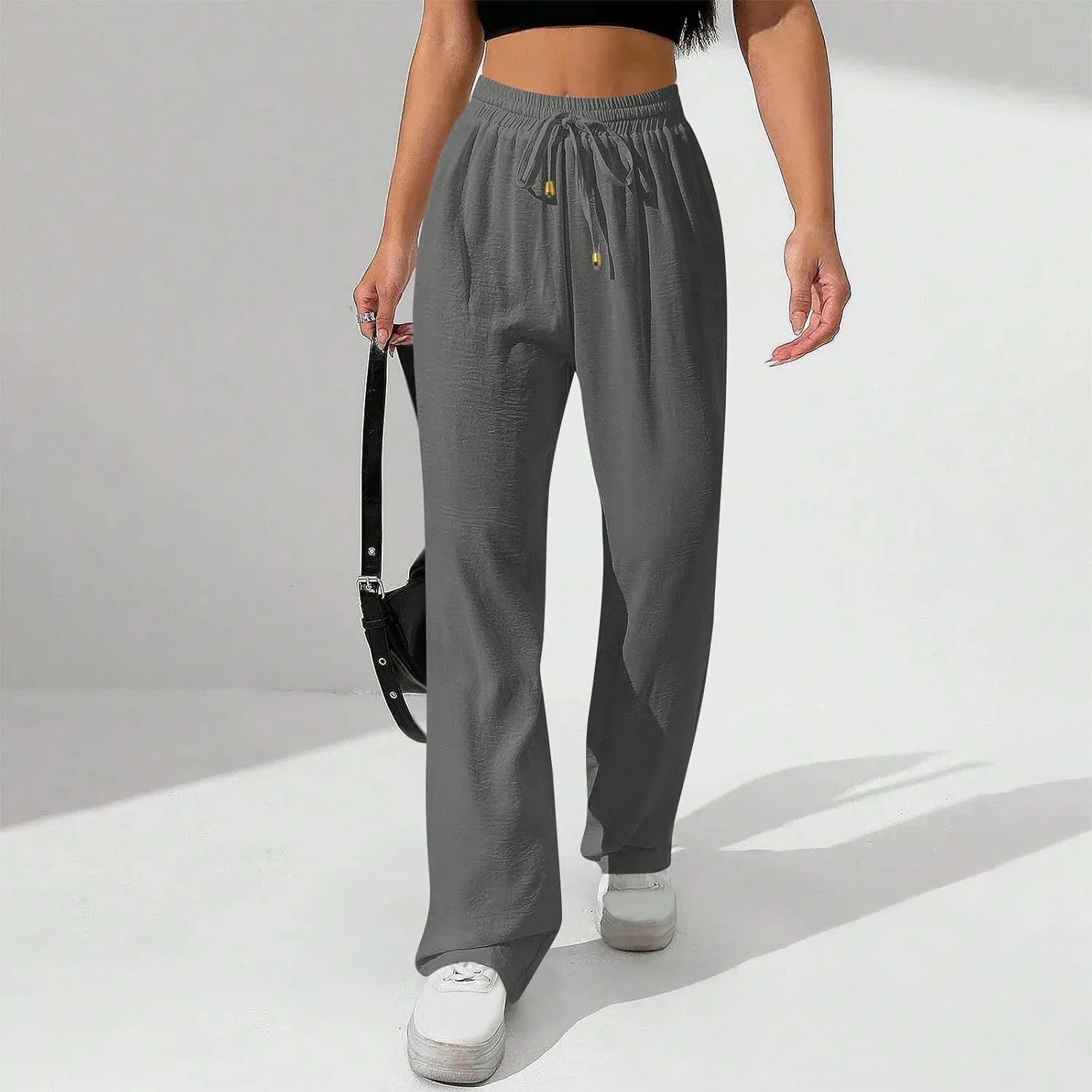 Women Cotton Linen Pant, Summer Loose Breathable Business Work Casual Clothes Elastic Waist Drawstring Pockets Trousers