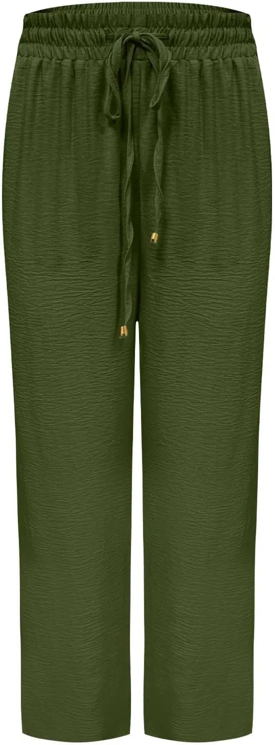 Women Cotton Linen Pant, Summer Loose Breathable Business Work Casual Clothes Elastic Waist Drawstring Pockets Trousers