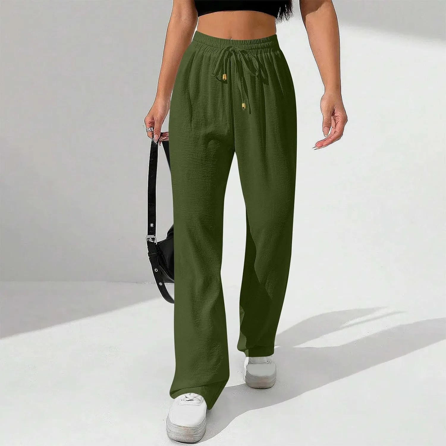 Women Cotton Linen Pant, Summer Loose Breathable Business Work Casual Clothes Elastic Waist Drawstring Pockets Trousers