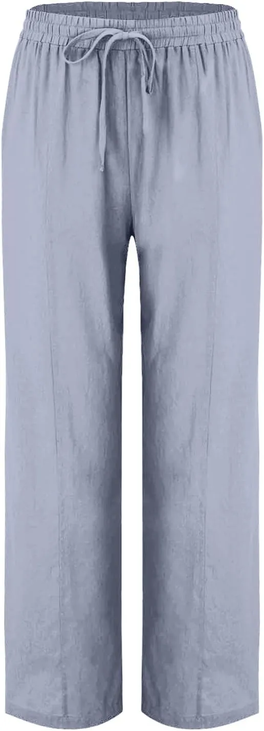 Women Cotton Linen Straight Leg Pants, Summer Lightweight Breathable Work Office Clothes Drawstring Pockets Trousers