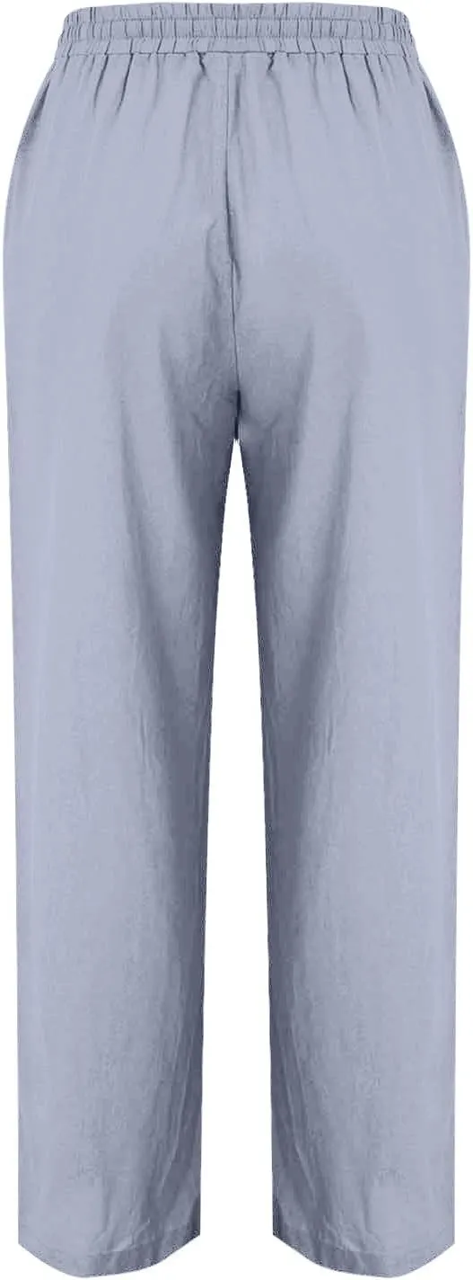 Women Cotton Linen Straight Leg Pants, Summer Lightweight Breathable Work Office Clothes Drawstring Pockets Trousers